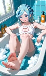 1boy ai_generated bath bathing bathroom bathtub blue_nails bra bubble_bath bubbles bulge cat_cutout feet feet_tickling feet_up femboy grusha_(pokemon) happy laugh lingerie male nails_painted otoko_no_ko panties penis pokemon thighs tickling_feet water