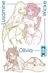 3girls aether_foundation alternate_breast_size areolae belly big_breasts big_hair black_hair blonde blonde_hair blush boots breast_grab breasts cleavage covered_breasts covered_nipples dark-skinned_female dark_skin earrings elbow_gloves elite_four erect_nipples eyelashes female female_only fingerless_gloves glasses gloves heel_boots high_heel_boots hips human jewelry large_breasts legs legwear lipstick long_hair looking_at_viewer lusamine_(pokemon) megane milf monochrome mother multiple_girls navel neck_rings necklace nintendo nipple_bulge nipples nude olivia_(pokemon) open_mouth pale_skin panties pokemon pokemon_sm pubic_hair purple_hair pussy short_hair smile teeth text thigh_boots thighhigh_boots thighhighs thighs thong tongue underwear vagina very_long_hair white_background wicke_(pokemon) x-teal