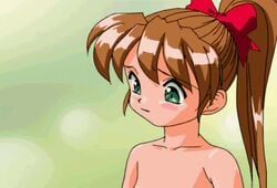 animated artist_request blush bow breasts brown_hair collarbone embarrassed female gif green_background green_eyes hairbow idol_janshi_suchie-pai mizuno_yuki nipples ponytail red_bow simple_background small_breasts solo tied_hair topless upper_body