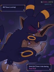 anal black_body black_fur brown_body brown_fur duo eevee eeveelution english_text evolution_(transformation) evolution_through_sex feral feral_on_feral feral_penetrated feral_penetrating feral_penetrating_feral forehead_kiss fur generation_1_pokemon generation_2_pokemon hi_res imagination male male/male markings night nintendo penetration pokemon pokemon_(species) red_sclera sex star_rifle tail text tongue tongue_out transformation umbreon yellow_markings
