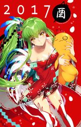 1girls amber_eyes breasts c.c. celebration cheese-kun code_geass creayus earrings eyebrows feathers female green_hair leggings long_hair looking_at_viewer new_year no_bra pizza_hut red_clothing safe see-through sfw stockings very_long_hair zettai_ryouiki