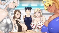 5girls animated apostle_(game) apostle_2 apostle_rebellion big_breasts blonde_hair blue_bikini brown-haired_female brown_hair cleavage game_cg hair_ornament hentai_game kamichichi kamichichi_(artist) live2d looking_at_viewer nipples one-piece_swimsuit pov silver_bikini strawberry_print swimming_pool swimsuit swimwear tan_body tan_skin tanned tanned_body tanned_female tanned_girl tanned_skin white_hair white_hair_female
