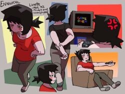 black_hair black_shirt boob_bulge cheek_markings collage dot_eyes ennuikalart gamecube gamecube_controller grey_sweatpants linette_tennacy_(ennuikal) metrogeneric_(ennui_the_show) oc original original_character pale-skinned_female pale_skin ponytail raven_hair red_shirt simple_background simple_coloring simple_eyes simple_shading tagme television tv_remote white_socks