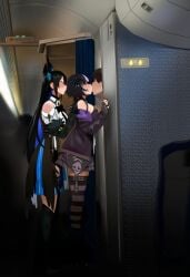 1boy 2girls black_hair blush closed_eyes clothed female hololive hololive_english hololive_english_-advent- kissing light-skinned_female light_skin long_hair male nerissa_ravencroft non_nude plane shiori_novella smewed tagme virtual_youtuber