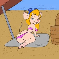 2025 animated anthro ass beach big_breasts big_butt blonde_hair blue_eyes breasts chip_'n_dale_rescue_rangers clothed clothing digital_media_(artwork) disney eyewear female fur gadget_hackwrench gif goggles long_hair mammal mouse murid murine rodent solo swimwear vylfgor white_body white_fur