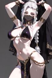 1female 1girls 2025 ai_assisted ai_generated armlet armpits arms_up background bare_shoulders big_breasts bikini bloodborne blush blushing_female bracelet bracelets braid braided_ponytail breasts chain_bikini chains clothed clothing cowboy_shot dancer dancer_outfit earrings female female_focus female_only fromsoftware gold_jewelry green_eyes hair_ornament harem_outfit lady_maria_of_the_astral_clocktower large_breasts light-skinned_female light_skin long_hair mouth_mask mouth_veil navel nipples pelvic_curtain ponytail pose posing posing_for_picture revealing_clothes simple_background smile smiling swimsuit uncensored underboob veil video_game video_game_character video_game_franchise video_games white_hair