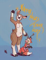 2017 anthro antlers balls bondage bound breasts brown_fur canine cervine collar crying deer dom_doe domination duo english_text female femdom fox fur furry holidays horn male malesub mammal muzzle new_year newd nipples nude open_mouth penis pussy simple_background smile sparkler straight sub_fox tears text