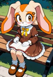 ai ai_art ai_assisted ai_generated anthro bench blush book cream_the_rabbit cute dress furry furry_female furryguyai humanoid innocent outdoors outside rabbit rabbit_ears rabbit_girl rabbit_humanoid reading shy sitting sonic_(series) sonic_the_hedgehog_(series) sunlight
