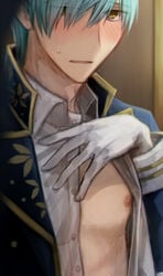 1boy against_wall blue_hair blush ichigo_hitofuri male_only nipples solo touken_ranbu undressing