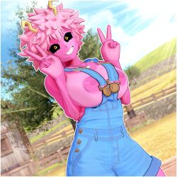 1girls 3d black_sclera breasts double_v horns huge_breasts looking_at_viewer messy_hair mina_ashido my_hero_academia nipples nude overalls pink-haired_female pink_hair pink_skin shawshank5 short_hair smile tanline unusual_skin_color v yellow_eyes