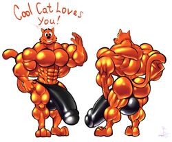 abs balls biceps bobthetanuki bulge clothing cool_cat cool_cat_(series) extrasizedbob feline humanoid_penis hyper hyper_muscles male male_only mammal muscular pecs penis serratus simple_background solo text thong what