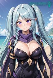 1girls 2025 aegis_elysium ai_generated alternate_breast_size beach blue_hair blush blushing_at_viewer bodysuit breasts busty busty_female cleavage cloud clouds day elbow_gloves epsilon_(the_eminence_in_shadow) female female_focus female_only gloves hair_ornament headpiece hi_res high_quality high_res high_resolution huge_breasts large_breasts long_hair navel ocean sand scarf sea seaside shiny shiny_skin sky smile smiling smiling_at_viewer sunlight sunshine the_eminence_in_shadow thighs tiara twintails very_long_hair water watermark waves