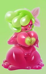 1girls big_breasts blush breasts eyelashes female food_creature gelatin goo green_background green_eyes hair hair_over_eye heart heart-shaped_pupils huge_breasts jellily nipples no_humans open_mouth plantpenetrator pussy simple_background solo wide_hips