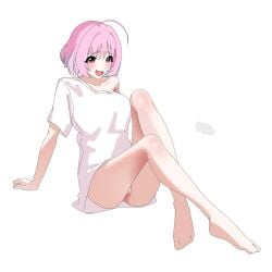 ahoge aqua_hair blush bottomless breasts collarbone colored_inner_hair commentary female highres idolmaster idolmaster_cinderella_girls idolmaster_cinderella_girls_starlight_stage knees_up large_breasts medium_hair multicolored_hair naked_shirt off-shoulder_shirt off_shoulder open_mouth pink_eyes pink_hair pussy shirt short_sleeves simple_background single_off_shoulder sitting smile solo thighs two-tone_hair udon_inuki uncensored white_background yumemi_riamu