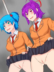 2girls blue_hair blush breasts embarrassed female female_only green_eyes jikkyou_powerful_pro_yakyuu multiple_girls necktie open_mouth pokaan_(aserazu_netamazu) purple_hair pussy red_eyes rokudou_hijiri school_uniform shaved_pussy skirt skirt_lift standing sweat tachibana_mizuki_(pawapro) uncensored