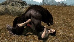 3d anal animal_genitalia animal_penis balls baring_teeth big_dom_small_sub brown_fur canine canine_penis detailed_background fur human knot lying male mammal mature missionary_position old on_back pale_skin penis rough_sex sex size_difference skyrim teeth the_elder_scrolls were werewolf wolf yaoi