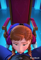 2girls ai_generated anna_(frozen) blowjob blue_eyes braid brown_hair chair disney disney_princess dress fellatio female_pov freckles from_above frozen_(film) frozen_2 half-closed_eyes hi_res incest kneeling lips lipstick looking_up lustboxai makeup multiple_girls oral pov pov_crotch red_lips siblings sisters sitting solo_focus spread_legs straight twin_braids yuri