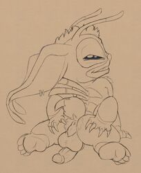 alien antennae anthro anus ass balls barefoot big_ears dark_end disney experiment_(species) grin lilo_and_stitch line_art looking_at_viewer looking_back male male_only mammal monochrome multi_arm multi_limb naughty_face nude penis penis_backwards perineum petrock pinup pose rear_view sketch solo spread_ass spread_legs spreading