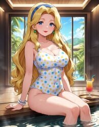 2025 ai_generated bathroom_background beach_background blonde-haired_female blonde_eyebrows blonde_female blue_eyes_female blue_hairclip deviantart drink elryusam female female_only green_earrings hands_on_lap house_background long_hair_female looking_at_viewer maria_robotnik red_lips relaxing sega sitting_on_lap smile_at_viewer smiling_at_viewer sonic_(series) sonic_the_hedgehog_(series) spa_day spa_treatment wet_body wet_face wet_head white_bracelet white_swimsuit