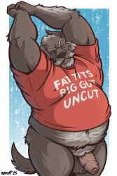 2025 anthro balls belly_overhang boomer_(nanoff) border bottomless bottomless_anthro bottomless_male canid canine canis closed_eyes clothed clothing colored daddy dated digital_drawing_(artwork) digital_media_(artwork) dilf english_text facial_hair flaccid foreskin fur furry genitals grey_body grey_fur head_tuft hi_res humanoid_genitalia humanoid_penis male mammal mature_male meme moobs moustache nanoff navel penis red_clothing red_shirt red_topwear shirt shirt_only signature simple_background solo solo_male stretching text text_on_clothing text_on_shirt text_on_topwear topwear topwear_only tuft uncircumcised unretracted_foreskin white_border wolf