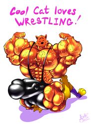 abs anthro balls biceps bobthetanuki bulge clothing cool_cat cool_cat_(series) duo extrasizedbob feline gay humanoid_penis hyper hyper_muscles male male_only mammal muscular muscular_male pecs penis serratus simple_background sweat text thong what wrestling