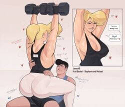 1boy 1boy1girl 1girls 2025 armpit_hair armpits ass big_ass big_breasts black_hair blonde_hair blue_eyes breasts dumbbell erection erection_under_clothes exercise female fingerless_gloves fruit_basket_(jamesab) jamesab michael_brooks_(jamesab) muscular muscular_back muscular_female nipple_bulge nipples original original_character pantylines self_upload sitting sitting_on_lap sitting_on_person stephanie_brooks_(jamesab) sweat tank_top wedding_ring yoga_pants