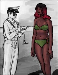 1957 african_female beach beach_background bikini bikini_bottom bikini_top black_female dark-skinned_female dark_skin female green_bikini historical_event italy marvel marvel_comics mary_jane_watson md34 photo_reference police race_swap red_hair reference sfw spider-man_(series) ticket