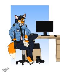 anthro barefoot bartek22 bodily_fluids boots bottomwear brown_hair canid canine chair chris_the_fox_(bartek22) circumcised clothing computer computer_mouse computer_screen crossed_legs ears_up electronics eyewear feet foot_fetish foot_focus footwear fox fox_tail fur furniture genital_fluids genitals glasses hair hat headgear headwear hi_res jacket male mammal necktie on_chair orange_body orange_fur pants penis penis_poking_out precum saliva security security_guard security_uniform shoes sitting sitting_on_chair solo tail text topwear wearing_glasses wearing_hat white_body white_fur