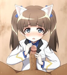 1boy animal_ears banitei blue_eyes blush brave_witches brown_hair censored clothing female georgette_lemare hair_ornament penis ribbon strike_witches tied_hair twintails world_witches_series