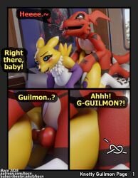 2025 3d 3d_(artwork) animal_genitalia animal_penis anthro areola ass bacn bandai_namco bed bedroom bedroom_sex big_breasts blender_(artwork) blender_cycles blush bodily_fluids breasts canid canine canis claws clothed clothing comic detailed_background dialogue digimon digimon_(species) digital_media_(artwork) duo english_description english_text erection female fingers fox from_behind_position furniture genital_fluids genitals guilmon guilmon_(bacn) happy happy_sex hi_res huge_breasts knot knotted_penis knotting male male/female male_penetrating mammal markings nipples nude on_bed open_mouth penetration penile penile_penetration penis renamon renamon_(bacn) scalie sex smile tail text tongue topless white_body yellow_body