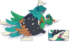 1boy 1girls alternate_color animal_genitalia anthro avian beak bird claws cloaca decidueye exhausted feet female ghost leg_glider_position leg_up male male/female missionary_position nintendo nude open_mouth owl penetration penis pokemon pokemon_sm raised_leg red_eyes sex simple_background spread_legs straight the_coast_is_near tongue video_games white_background wings