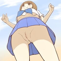 blue_skirt blush breasts brown_eyes brown_hair clothing cloud female from_below innie_pussy kill_la_kill mankanshoku_mako miniskirt neckerchief no_bra no_panties ogry_ching outdoors pleated_skirt pussy school_uniform serafuku shirt short_hair skirt sky smile solo standing uncensored underboob upskirt