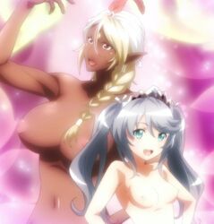 2girls bikini_warriors breasts cleric_(bikini_warriors) dark-skinned_female dark_elf dark_elf_(bikini_warriors) dark_elf_female dark_skin elf elf_female female_elf multiple_girls nipples nude screen_capture screencap screenshot small_breasts