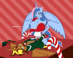 2016 ahe_gao alicorn anthro big_breasts bird_wings bouncing_breasts breasts christmas clitoris costume cowgirl_position elf equine fan_character female fibs holidays horn horse huge_breasts humanoid lactation looking_pleasured male mammal mrs._claus my_little_pony on_top partial_nudity penis pony prince_cosmic_light princess_sorraia pussy sex straight wings