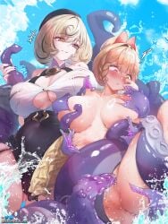 2girls absurdres accessories alice_thymefield animal_ears asymmetrical_shorts black_hat braid braided_twintails breasts compass female garter_straps hat heterochromia high-waist_shorts highres imminent_rape kakuseikakusei mole mole_under_mouth monster_girl multiple_females multiple_girls needle nipple_injection nipple_stimulation open_mouth pussy rabbit_ears rabbit_girl restrained scared shorts single_garter_strap sky smile spread_legs suction_cups surprised tentacle tentacle_girl tentacle_grab thiren water water_drop yidhari_murphy yuri zenless_zone_zero
