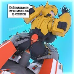 3d_render big_breasts blue_eyes bumblebee_(transformers) buttjob cybertronian dialogue female male mengsk ratchet_(transformers) robot robot_boy robot_girl thick_thighs transformers