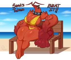 absurd_res anthro arthropod bench big_breasts bikini biped breasts clothed clothing collar crustacean decapod dialogue eyelashes female freya_(mehdrawings) hi_res lobster looking_at_viewer malacostracan marine mehdrawings outside pupils red_body sitting solo spiked_collar spikes swimwear text thick_thighs three-quarter_view yellow_clothing yellow_swimwear