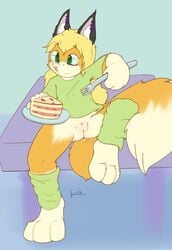 anthro cake canine cute eating female food fox furry ketsa leg_warmers long_hair mammal piercing pussy simple_background smile thighhighs tongue young