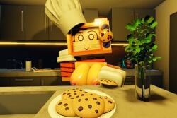 1girls 3d areolae breasts breasts_out cookie cookieware_(die_of_death) die_of_death_(roblox) female giving kitchen nipples plate_of_cookies roblox roblox_game robot robot_girl screen_face sillylewdys smile smiling smiling_at_viewer tagme