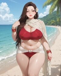 ai_generated bangle beach bikini bracelet brunette_hair chubby clouds drapery_(clothing) earrings erect_nipples_under_clothes female flower_in_hair long_hair loose_hair midriff milf miniskirt nipple_bulge ocean ocean_background one_leg_forward palm_tree playing_with_hair rgomez007 sarong seductive_smile shawl sky solo_female sports_bra stable_diffusion standing thick_lips thick_thighs upskirt waves wide_hips