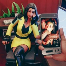 1girls 3d 4boys big_breasts black_lipstick chair clothed crossed_legs fellatio fortnite juxtaposition large_penis macklesternsfw multiple_boys office_lady on_chair oral penis_on_breast penis_on_face phone photo photo_comparison photographic_proof ruined_reputation sitting smartphone thigh_high_boots yellow_clothing yellowjacket_(fortnite)