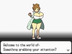 1girls accurate_art_style alternate_breast_size animated aurea_juniper big_breasts breasts brown_hair busty clothed earrings female game_freak green_eyes huge_breasts labcoat large_breasts light-skinned_female light_skin looking_at_viewer loop massive_breasts nintendo osterzonensfw pixel_art poke_ball pokemon pokemon_bw ponytail shoes skirt smile solo solo_female text text_box thighs