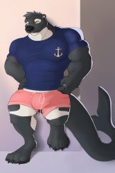 2019 4_toes 5_fingers against_surface against_wall anthro biceps big_feet big_muscles biped black_and_white_fur black_claws black_nose blue_clothing blue_shirt blue_t-shirt blue_topwear bulge cetacean claws clothing digital_drawing_(artwork) digital_media_(artwork) digitigrade dolphin feet finger_claws fingers green_eyes hi_res humanoid_hands hybrid male male_focus male_only mammal marine mosin muscular muscular_anthro muscular_male mustelid oceanic_dolphin orca otter paws pecs pink_clothing pink_underwear ring shirt simple_background smile solo standing t-shirt tail toe_claws toes toothed_whale topwear underwear