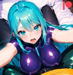 ai_generated bodysuit breasts female kuriboh_ex_(artist) latex latex_suit oppai rubber rubber_suit turquoise_eyes turquoise_hair