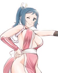 1girls ;) armpits bare_shoulders blue_eyes blue_hair breasts cleavage cosplay eyelashes fatal_fury female fingerless_gloves gloves gundam gundam_build_fighters hand_on_hip hips human iori_rinko japanese_clothes king_of_fighters large_breasts lips long_hair mai_shiranui mai_shiranui_(cosplay) mature midriff milf mitsuishi_kotono no_bra no_panties one_eye_closed pelvic_curtain ponytail revealing_clothes shiny side_slit sideboob smile snk solo teeth tied_hair ueyama_michirou underboob vambraces voice_actor_connection wide_hips wink