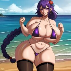 absurd_res ai_generated beach bikini black_thighhighs bluecatrip braid earrings eyelashes female fit fit_female flower flower_in_hair genshin_impact gigantic_breasts hands_up hoyoverse long_braid long_eyelashes long_hair looking_at_viewer micro_bikini mihoyo open_mouth purple_bikini purple_eyes purple_hair purple_thong raiden_shogun seaside seductive seductive_eyes seductive_look seductive_smile smile smiling smiling_at_viewer stable_diffusion thick_thighs thighs thong tight_bikini upper_teeth_only white_skin