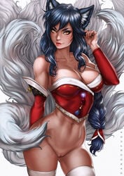 1girls ahri animal_ears artist_name bare_shoulders belly black_hair bottomless braid breasts brown_eyes cat_ears cleavage closed_mouth collarbone contrapposto cowboy_shot dandon_fuga detached_sleeves erect_nipples facial_mark female female_only fingernails fox_humanoid fox_tail gem glint groin hand_in_hair high_resolution hips korean_clothes large_breasts large_filesize league_of_legends legs legwear lips long_fingernails long_hair long_sleeves looking_at_viewer low-tied_long_hair medium_breasts midriff multiple_tails navel nekomimi nipple_bulge nipples panties panty_pull pussy red_lips red_panties ribbon ribbon-trimmed_sleeves ribbon_trim sapphire_(stone) simple_background single_braid slit_pupils smile solo standing stockings stomach strapless tagme tail tassel thighhighs thighs thong tied_hair underwear vagina very_high_resolution whisker_markings white_background white_legwear yellow_eyes yellow_ribbon