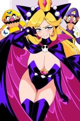 1girls 2boys artist_name big_breasts black_outfit blonde_hair blue_eyes busty cape cleavage collar crown gloves light-skinned_female light_skin mario_(series) mario_tennis moustache nicolasgravelqc nintendo raising_eyebrow skull smile spikes thighhighs thighs waluigi wapeach wario