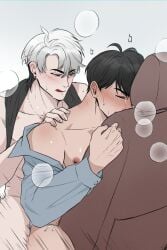 black_eyes black_hair crying_with_eyes_closed cum eunho_(plave) hamin_(plave) plave red_eyes white_hair yaoi