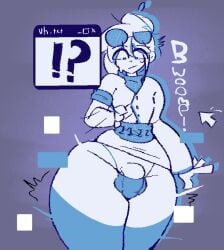 1boy ass_expansion balls bottom_heavy bulge digital femboy flaccid glasses glasses_on_head hip_expansion labcoat male male_only original panties penis png poodleskapoodle solo surprised text text_box thick_thighs thigh_expansion vivi_virus white_body white_hair wide_hips